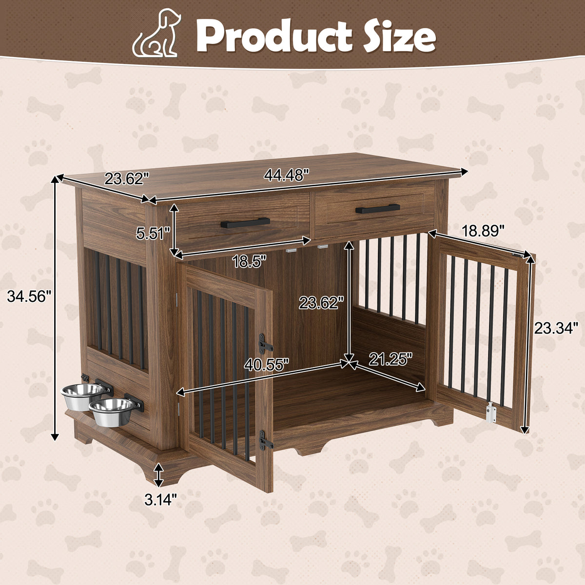 variant-group:rf-n704p379112d|Roomfitters 44-Inch Decorative Dog Crate Furniture Indoor Wooden Kennel End Table with 360 Rotating Bowls Brown