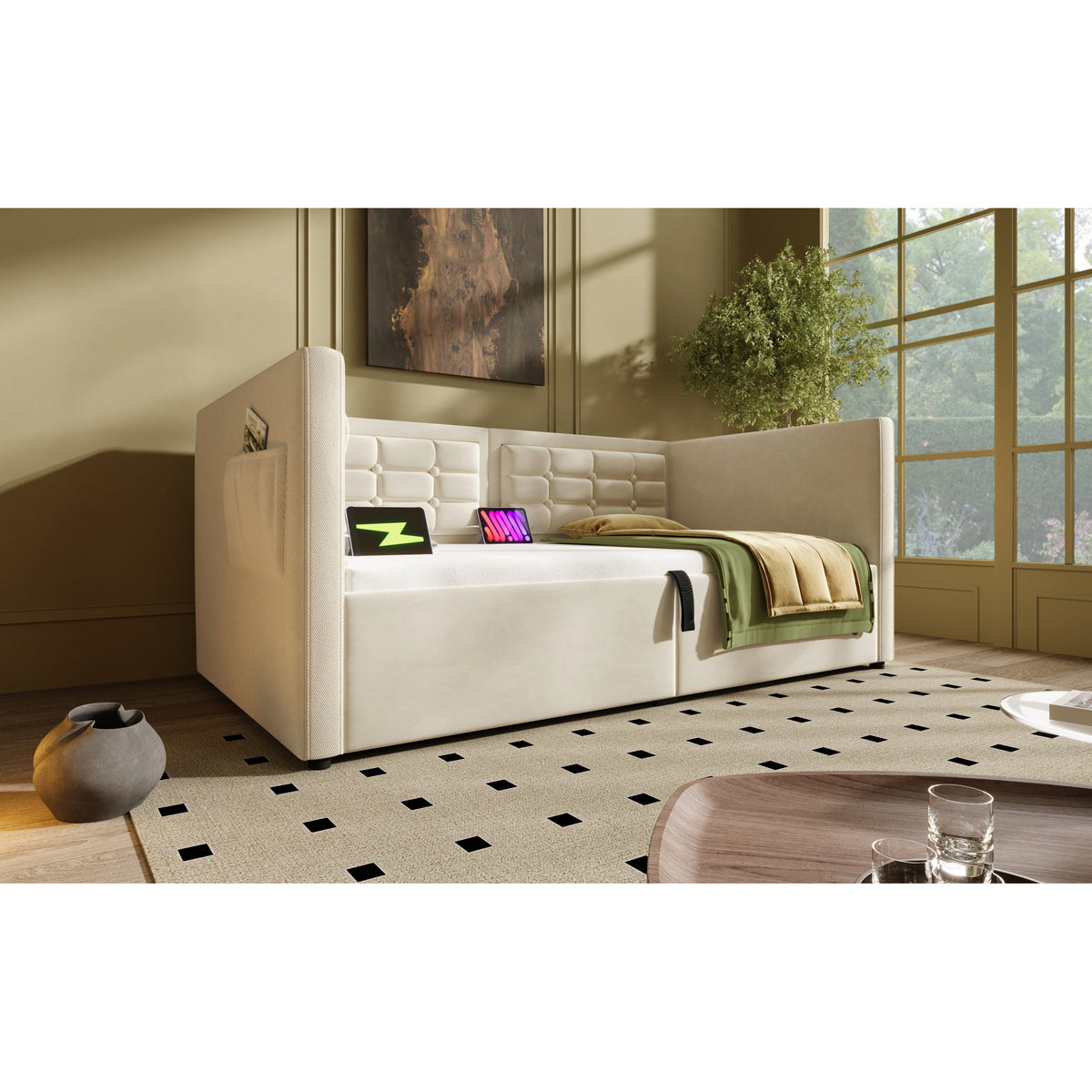 variant-group:rf-n736p303402b|Roomfitters Upholstered Twin Size Daybed with Storage, USB & Type-C Charging, Tufted Sofa Back, Velvet Beige