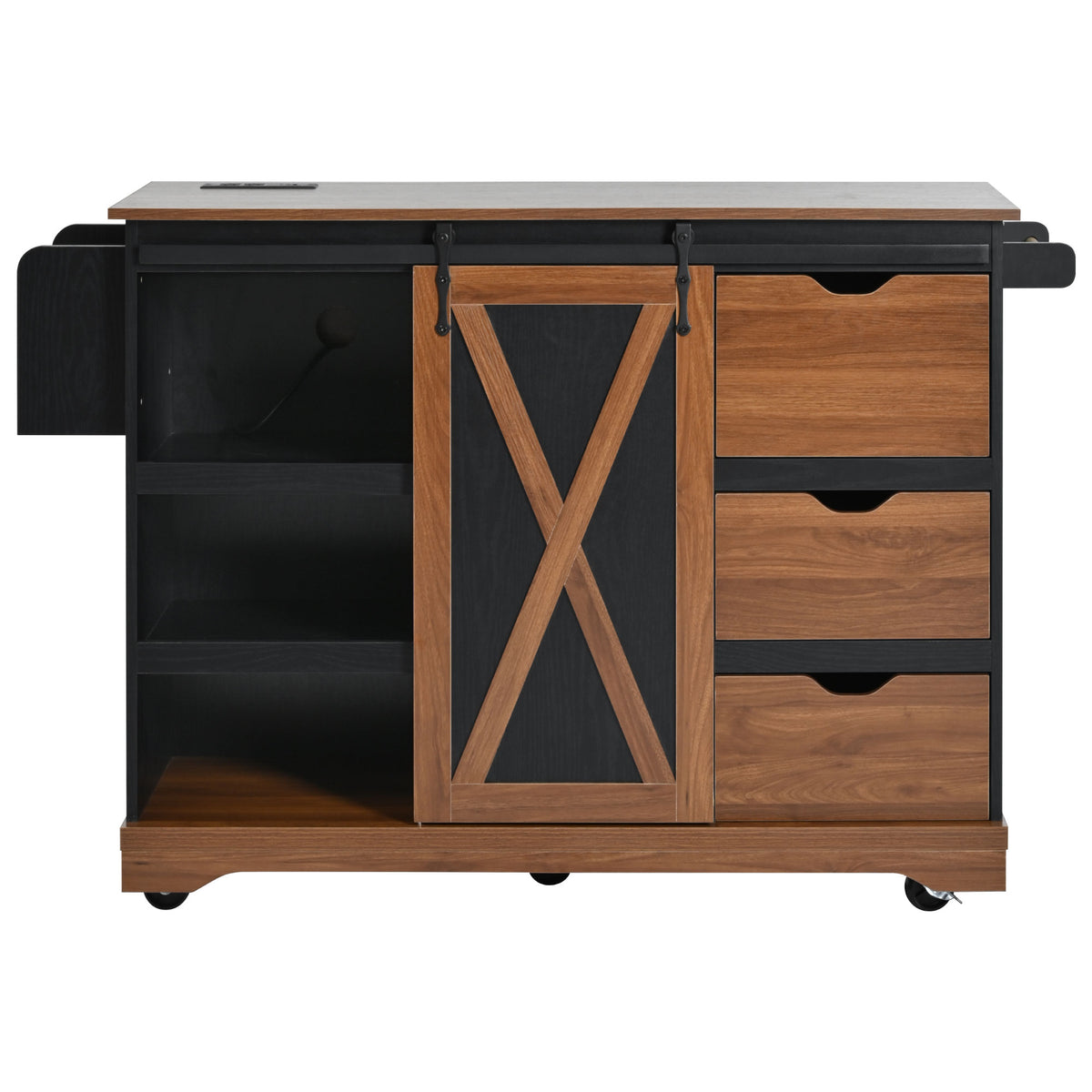 variant-group:rf-n707p288229b|Roomfitters 55.5" Rolling Kitchen Island with Drop Leaf, Mobile Kitchen Storage Cart with Sliding Barn Door, Power Outlets, Black