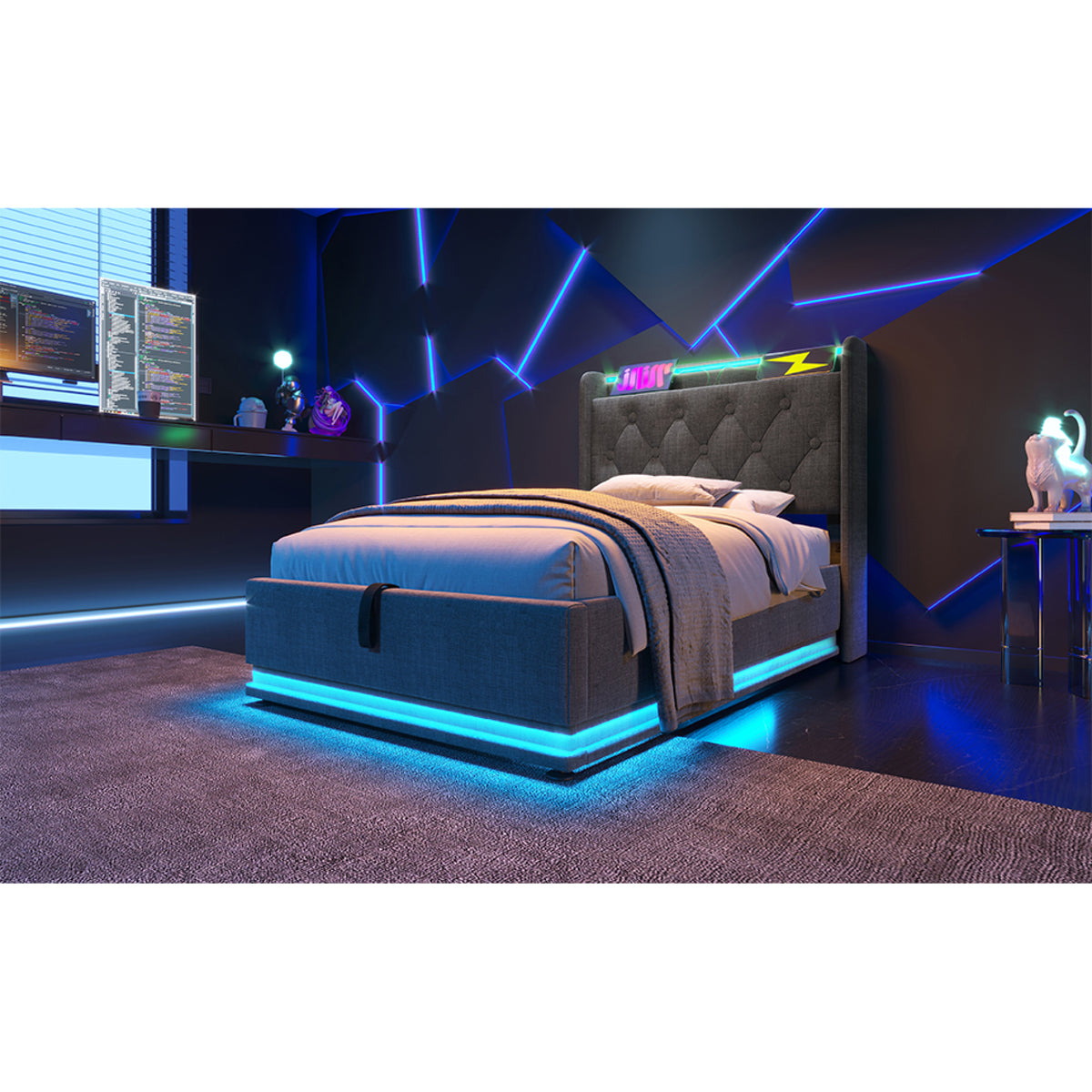 variant-group:rf-n736p188805g|Roomfitters Twin Size Upholstered Storage Bed with USB Type-C Charging and Remote Control, Linen Gray