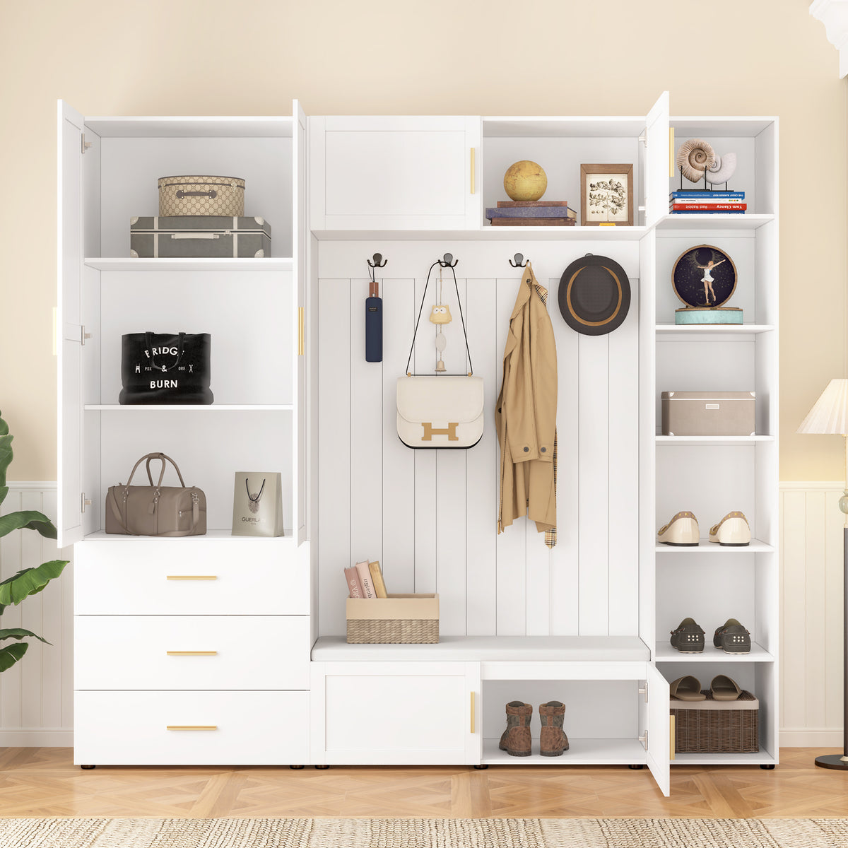 variant-group:rf-n724sj000167aak|Roomfitters American Style Extra-Wide Hall Tree with Padded Cushion Seat, Ancient White