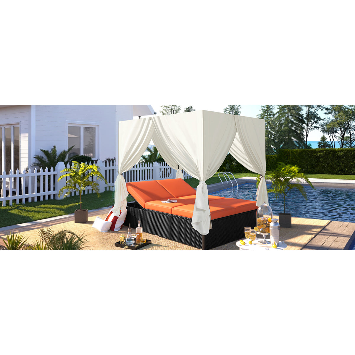 variant-group:rf-n711wy000476aao|Roomfitters Luxury Cabana Vibrant Orange Outdoor Double Chaise Lounge Patio Daybed, Curtains, Adjustable Reclining