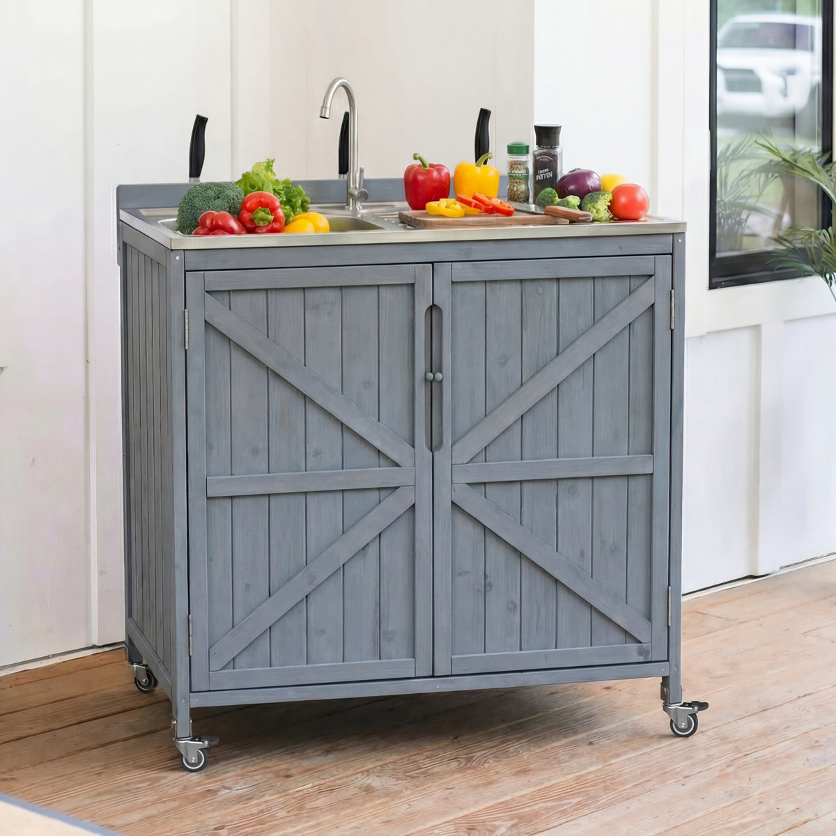 variant-group:rf-n707p370281g|Roomfitters 39.4" Outdoor Grill Cart with Stainless Steel Top, Prep Station with Sink and Storage Cabinet, Grey+Blue