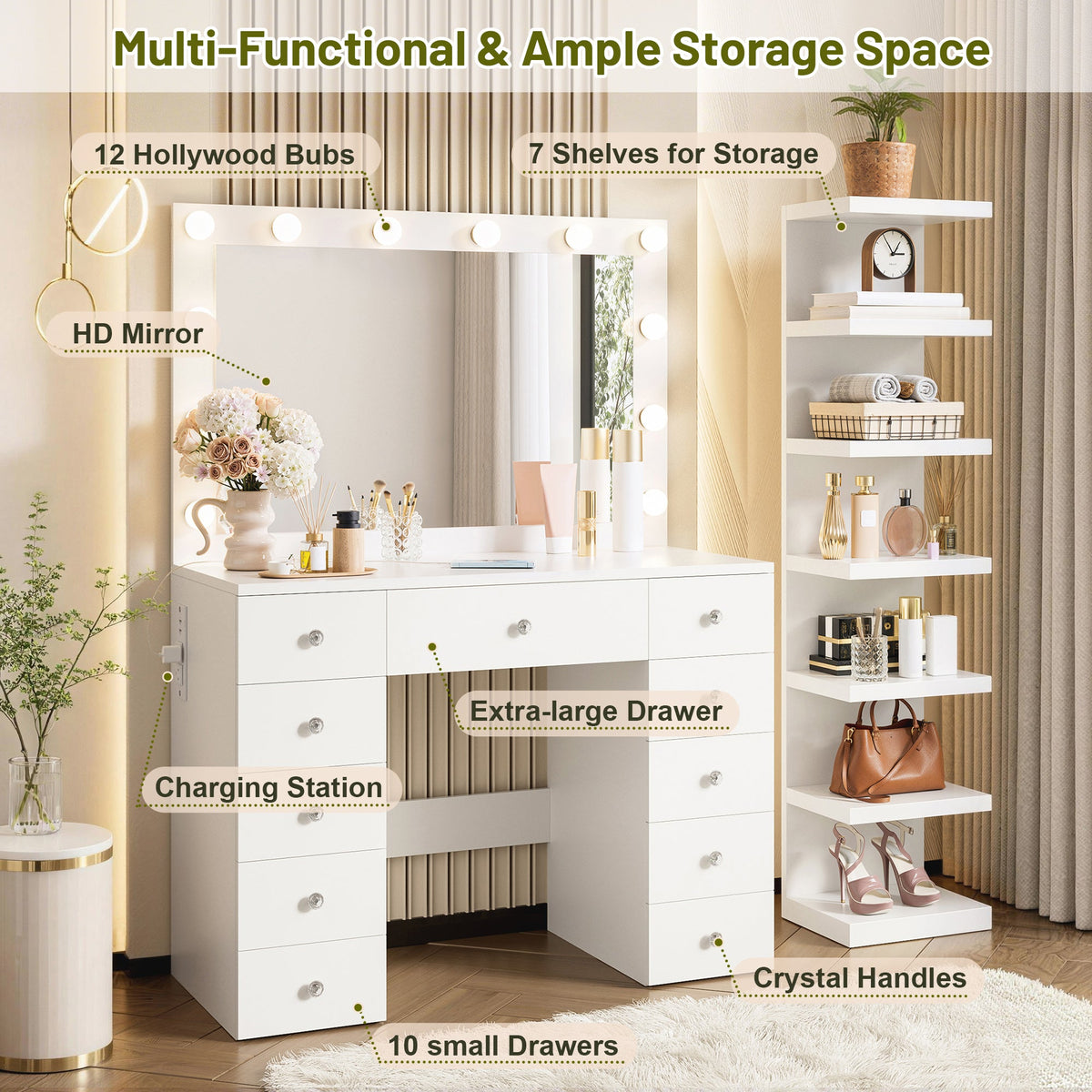 Roomfitters White Makeup Vanity Desk with 11 Hollywood LED Bulbs 7-Tier Side Storage Display Shelves and 11 Drawers Roomfitters