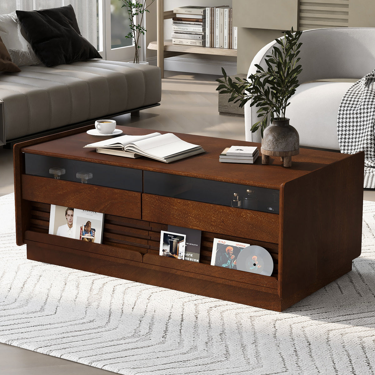 variant-group:rf-n724p286421d|Roomfitters Rectangle Coffee Table with Fluted Style, 4 Storage Compartments and Glass Display Shelves, Brown