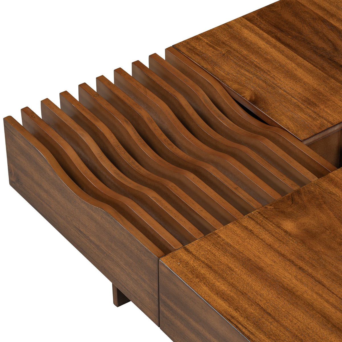 variant-group:rf-n724p270432d|Roomfitters Square Mid-Century Coffee Table with Glass Top and 3 Storage Compartments, Solid Wood Legs, Brown