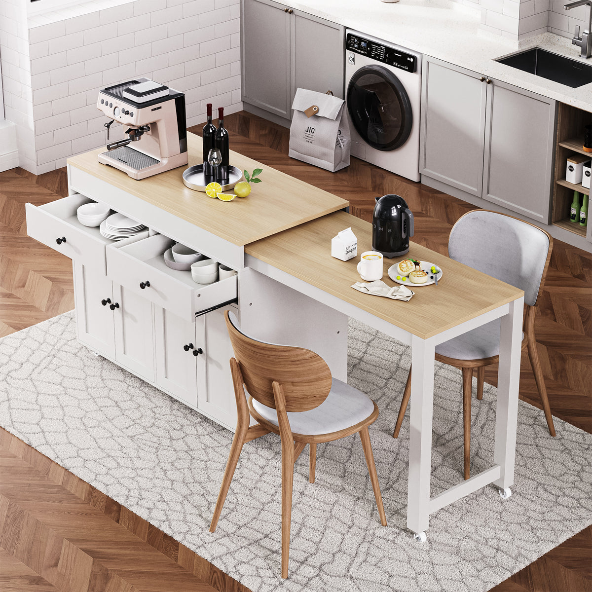 variant-group:rf-n707s000009w|Roomfitters 74.5" Kitchen Island with Extendable Table, Rolling Cart with Spice Rack, Storage Cabinet, White