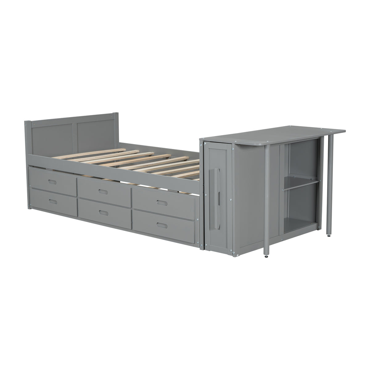 variant-group:rf-n733s212832e|Roomfitters Twin Size Multifunctional Wood Platform Bed with Desk and Storage Shelf, Built-in Trundle and Storage, Grey