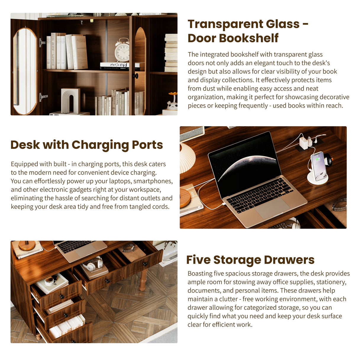 Roomfitters 47'' Retro Desk with Charging Ports and Hutch, Office Desk with 5 Storage Drawers and Glass Bookshelf, Walnut