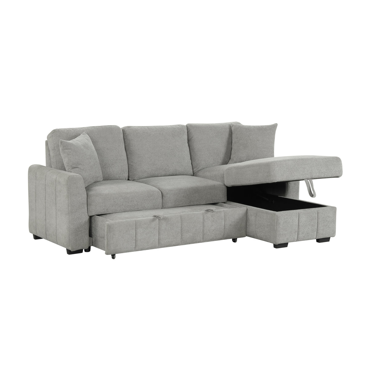 variant-group:rf-n711wy000467aae|Roomfitters 90" L-Shaped Sectional Sleeper Sofa with Storage Chaise and Pull Out Bed, Fold Down Cup Holder Table, Grey