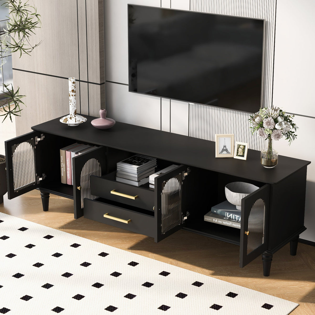 Roomfitters Retro TV Stand for up to 75 Inch TV, Fluted Glass Door Media Console with Five Wood Legs, Black Roomfitters