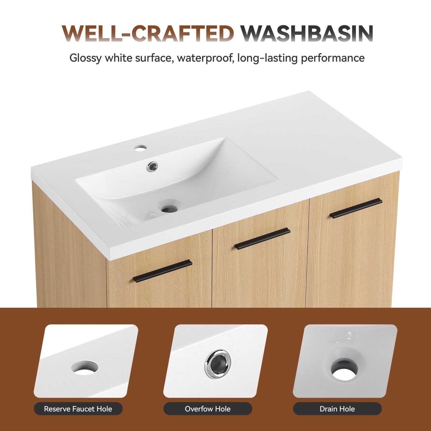 36" Modular Freestanding Bathroom Vanity with 36" Resin Sink Top, Light Oak, 2-Piece Cabinet (24" 2-Door + 12" 1-Door), KD Cabinet, Includes Black & Brushed Aluminum Handles Roomfitters