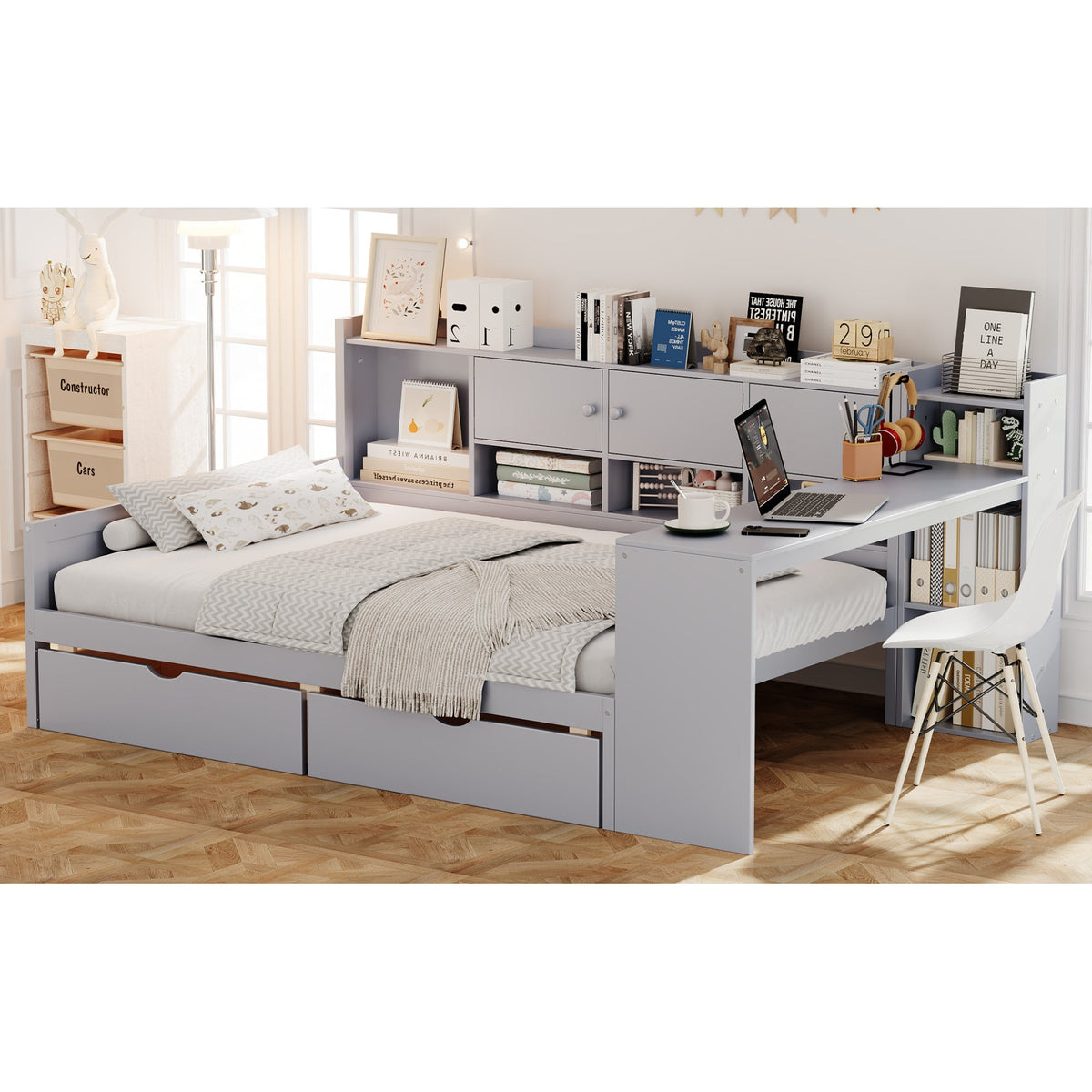 Roomfitters Full Size Wooden L-Shaped Daybed with 3 Cabinets, 2 Drawers, Desk and Bookshelf, Gray