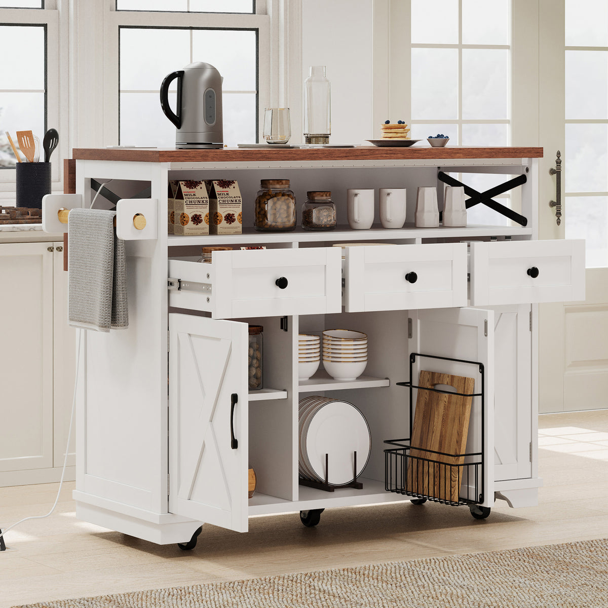 variant-group:rf-n707p254872w|Roomfitters 46.5" Rolling Kitchen Island with Drop Leaf, Mobile Cart with 2 AC Outlets & USB, Beaded Drape & 3 Drawers, White