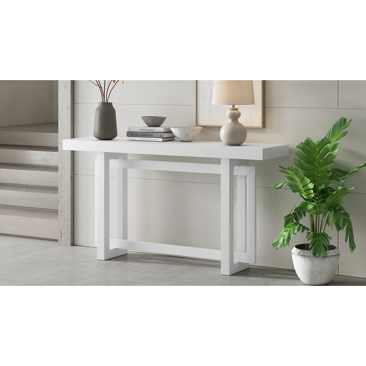 variant-group:rf-n711p410422k|Roomfitters Contemporary White Pine Veneer Extra Long Console Table with Unique Triple Rectangle Solid Wood Legs