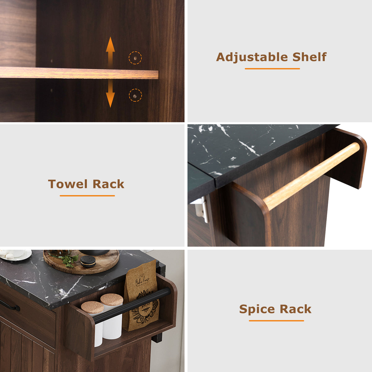 variant-group:rf-n707wf326381aaz|Roomfitters Kitchen Island with Trash Can Storage Cabinet, Grey - Drop Leaf, Spice Rack, Towel Rack, Drawer, Adjustable Shelf, Rolling Island on Wheels, Walnut Brown