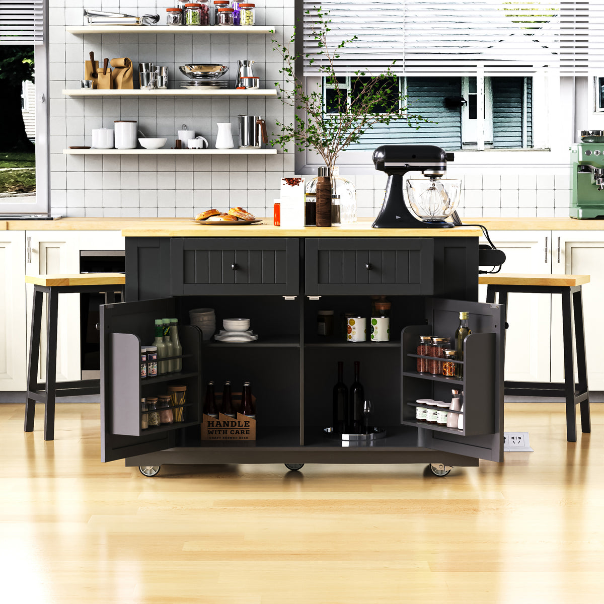 variant-group:rf-n707s257057b|Roomfitters 48" Kitchen Island with Power Outlet and Drop Leaf, Rolling Storage Cabinet with Wood Top and Spice Rack, Black