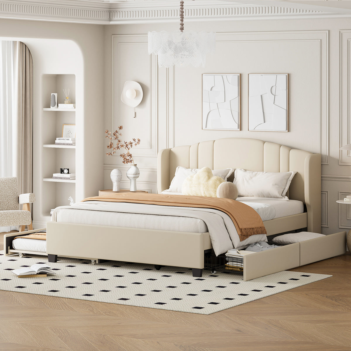 variant-group:rf-n733s208132a|Roomfitters Twin Size Trundle Upholstered Platform Bed with Wingback Headboard and 2 Drawers, No Box Spring Needed, Linen Fabric, Queen Size, Beige