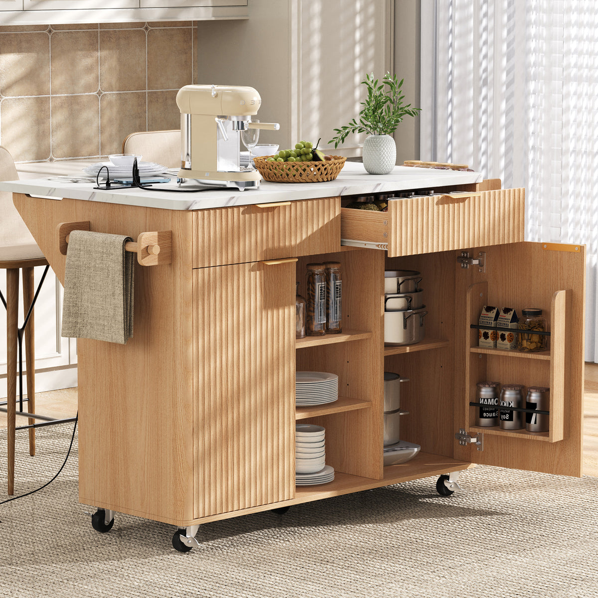variant-group:rf-n707s000019y|Roomfitters 52" Fluted Kitchen Island with Drop Leaf, Power Outlet & Faux Marble Top, Natural