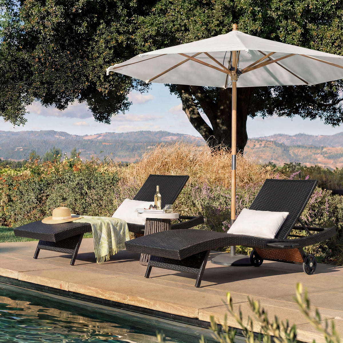 variant-group:rf-n707p395515d|Roomfitters 80"W Patio Chaise Lounge Chairs Set of 2 with Wheels, Folding Table, Adjustable Rattan Loungers, Black & Brown