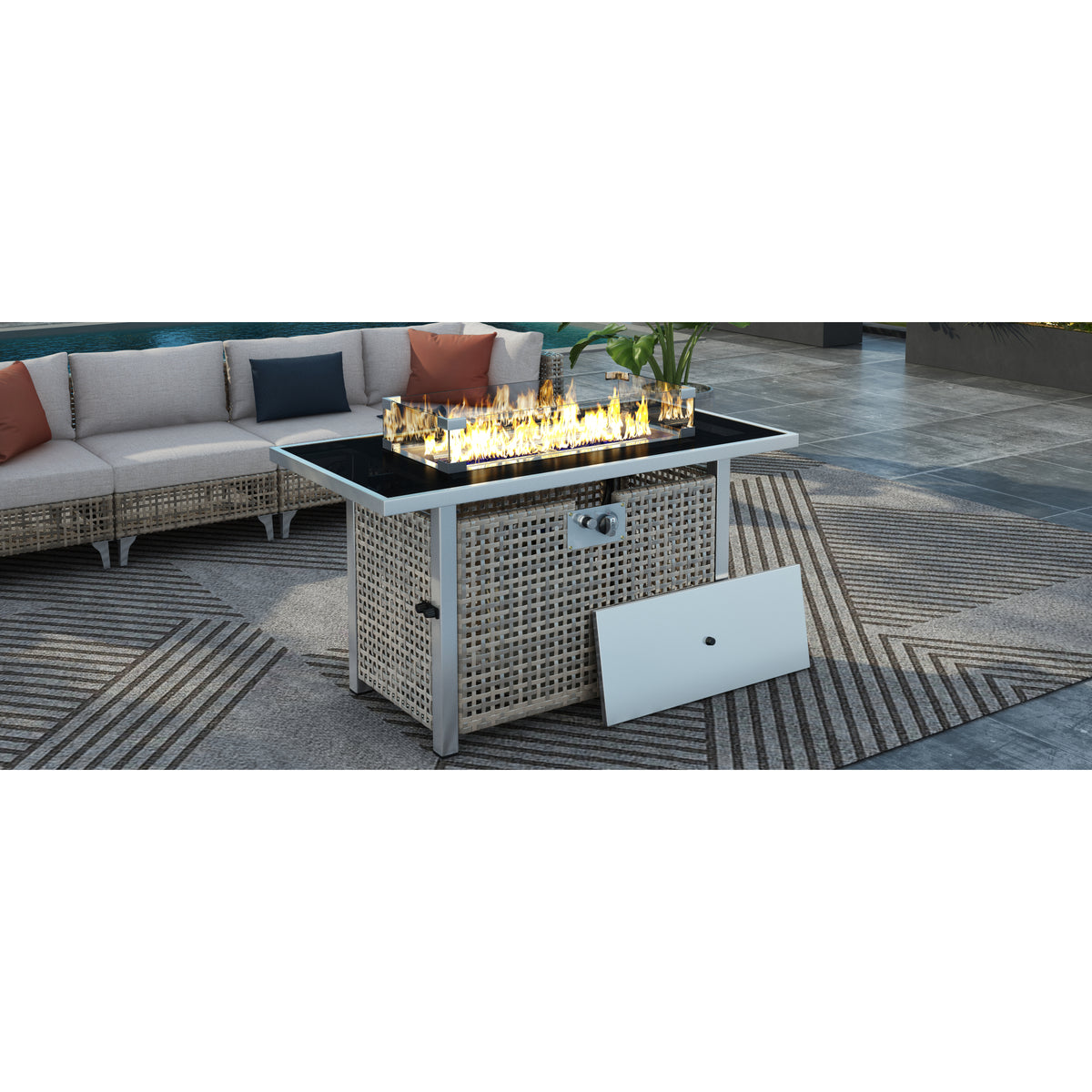 variant-group:rf-n707p210158g|Roomfitters 43" Propane Fire Pit Table, 60,000 BTU Rectangular Wicker Fire Pit with Glass Wind Guard for Patio, Grey