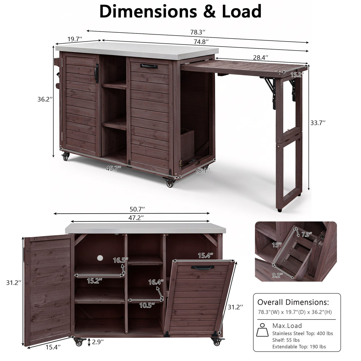 variant-group:rf-n707p370276z|Roomfitters 78.3" Outdoor Kitchen Island with Foldable Grill Table, Stainless Steel Top & Tilt Trash Can Storage, Dark Brown