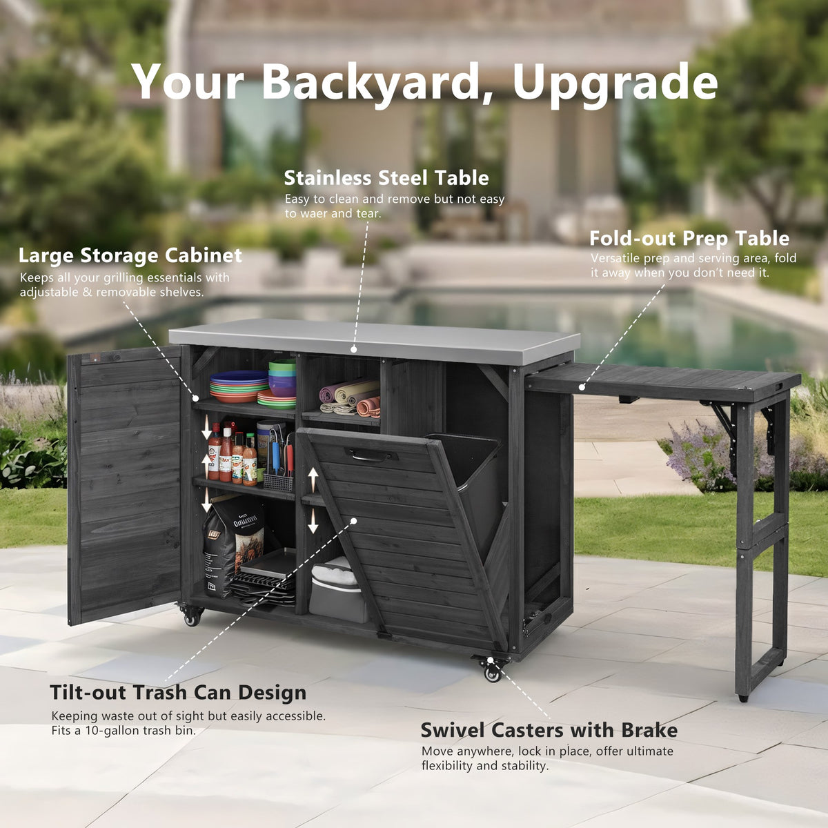variant-group:rf-n707p370276b|Roomfitters 78.3" Outdoor Kitchen Island with Foldable Grill Table, Stainless Steel Top & Tilt Trash Can Storage, Black