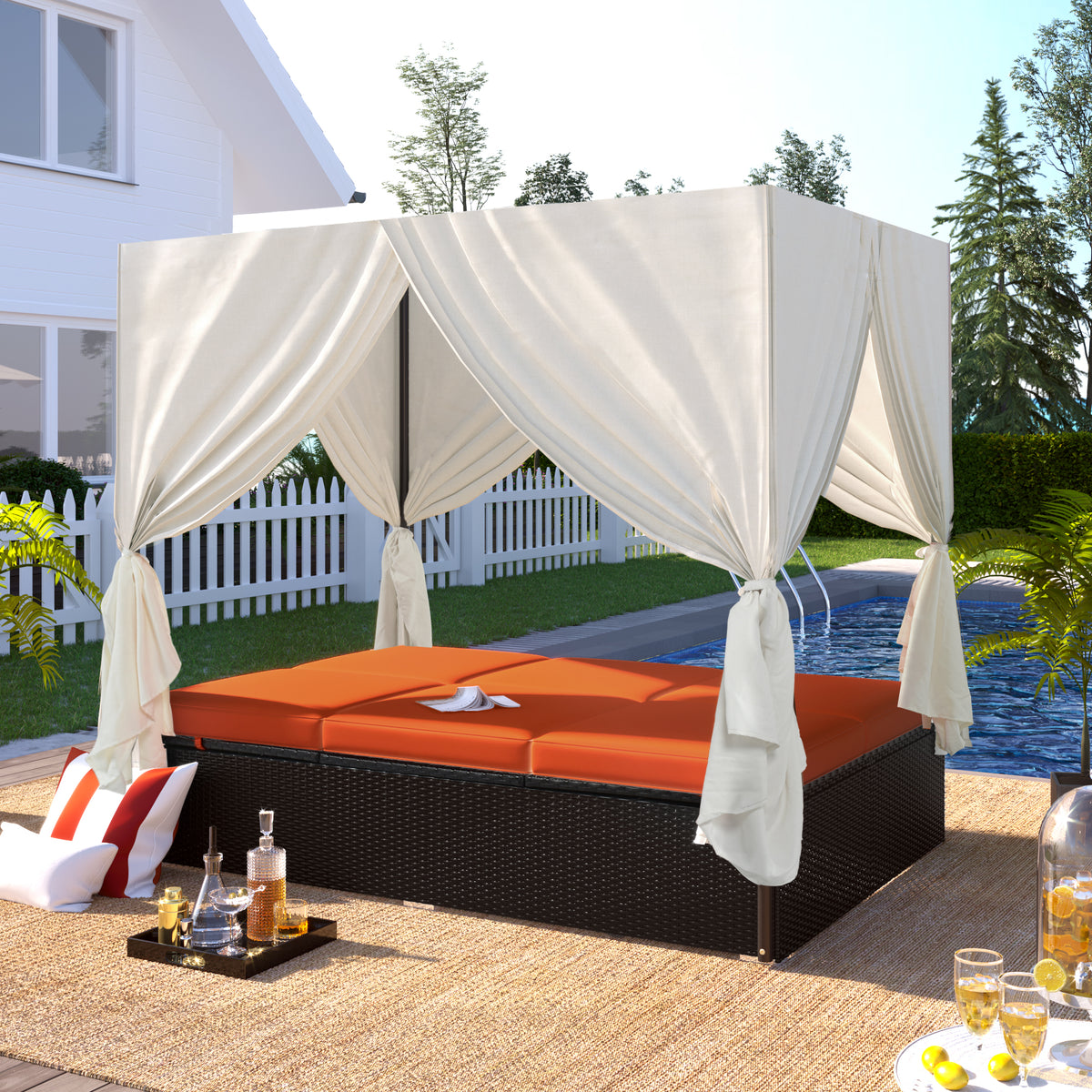 variant-group:rf-n711wy000476aao|Roomfitters Luxury Cabana Vibrant Orange Outdoor Double Chaise Lounge Patio Daybed, Curtains, Adjustable Reclining