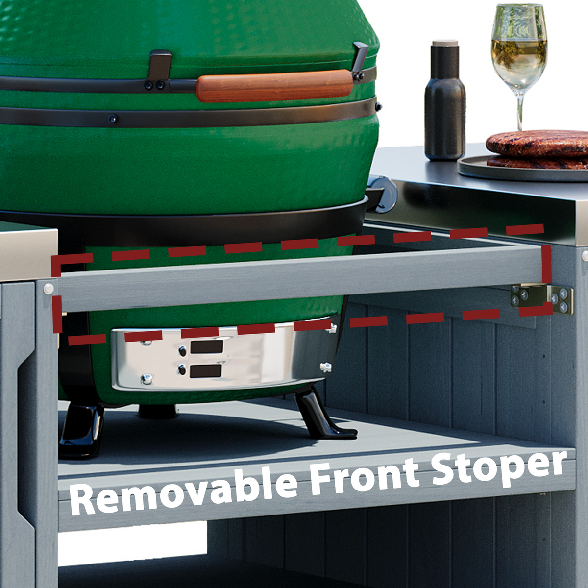 variant-group:rf-n707p250629g|Roomfitters 66.5" Outdoor Kitchen Island for Big Kamado Grills, Wood Grill Cart with Stainless Steel Top, Storage, Grey Blue
