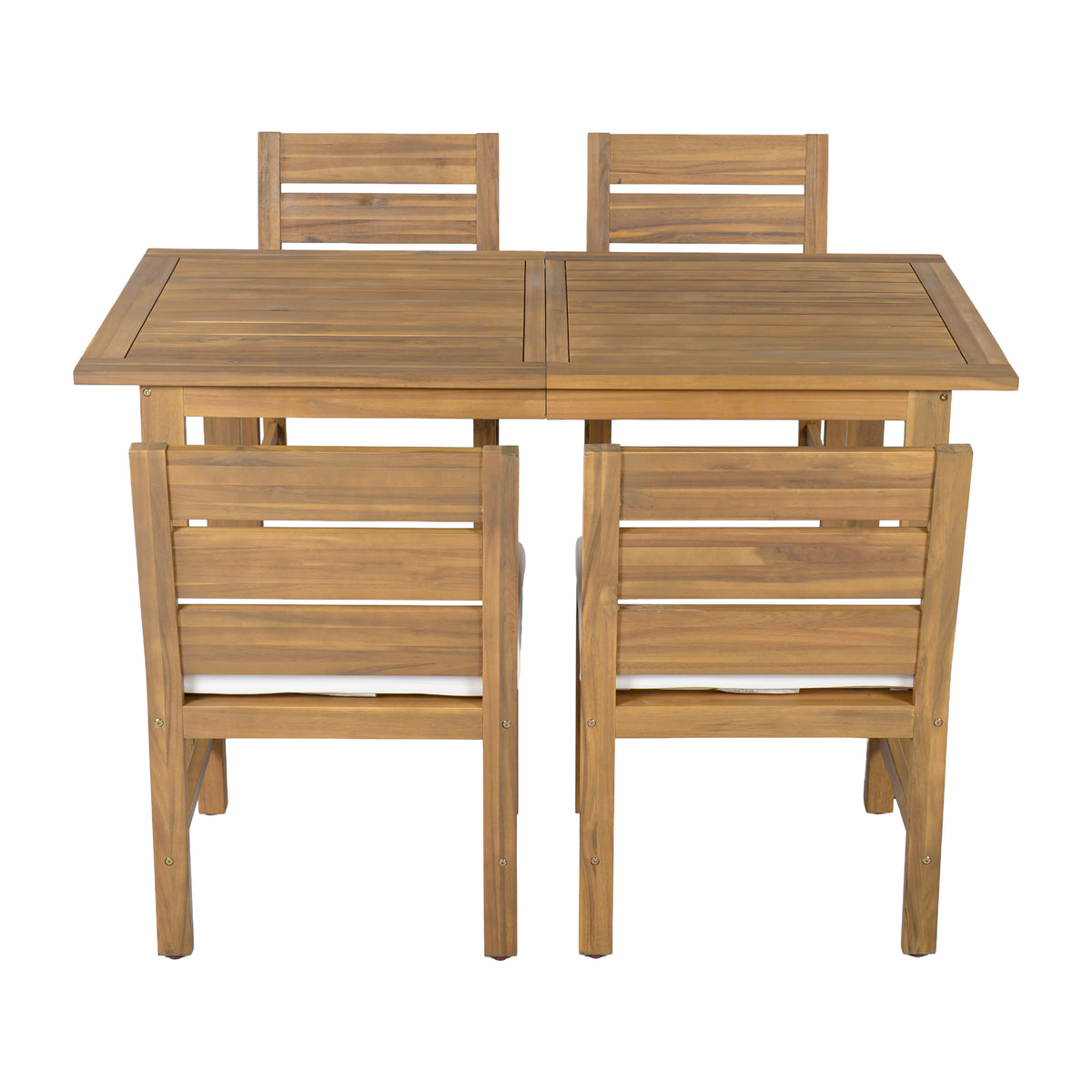 variant-group:rf-n711wy000497aaa|Roomfitters Farmhouse 5-Piece Outdoor Dining Set for 4, Acacia Wood Table and Chair Pack, Beige and Natural Slatted