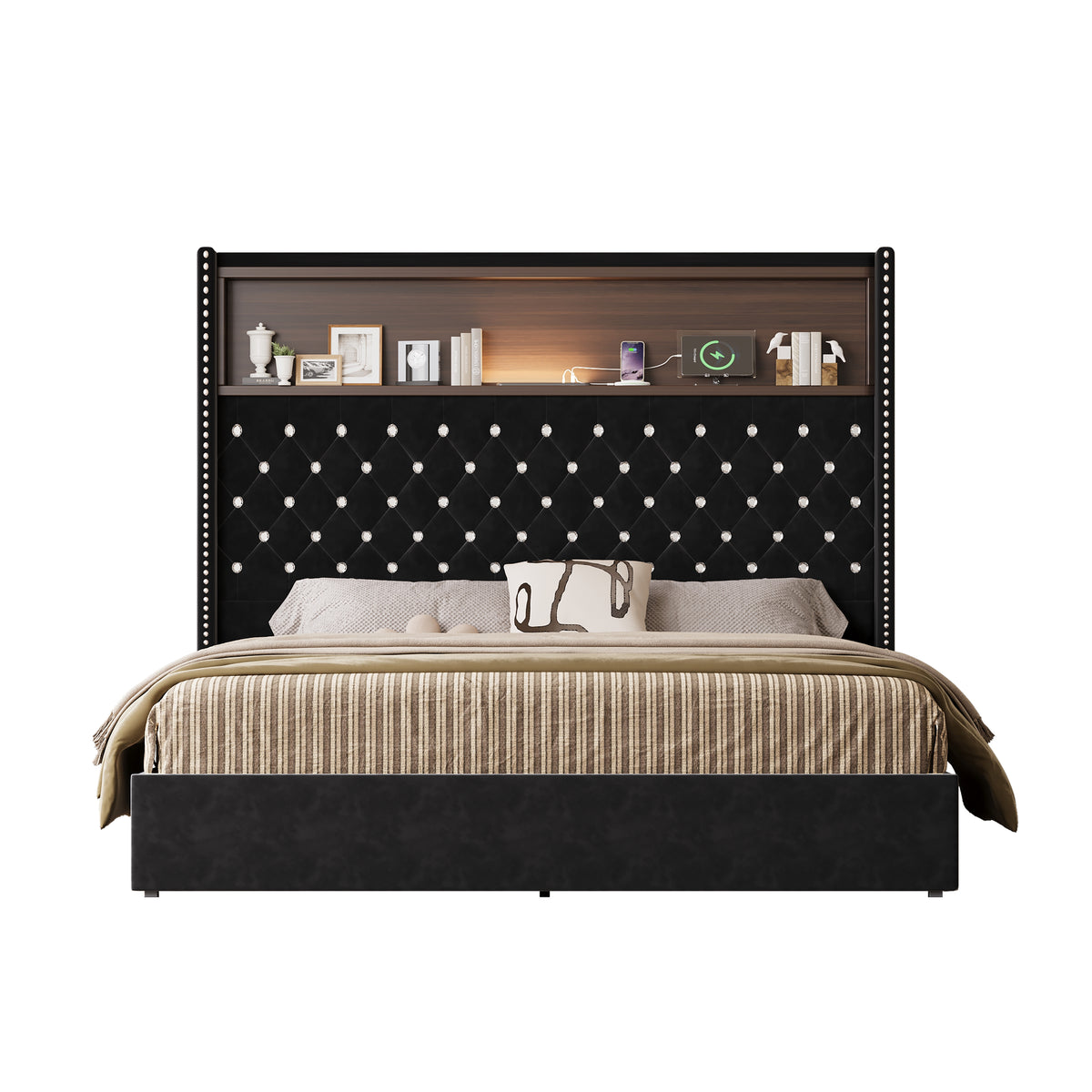 variant-group:rf-n733p367135b|Roomfitters Queen Velvet Tufted Platform Bed with Charging Ports, Tall Wingback Headboard with Rivet Trim and Shelf, Black