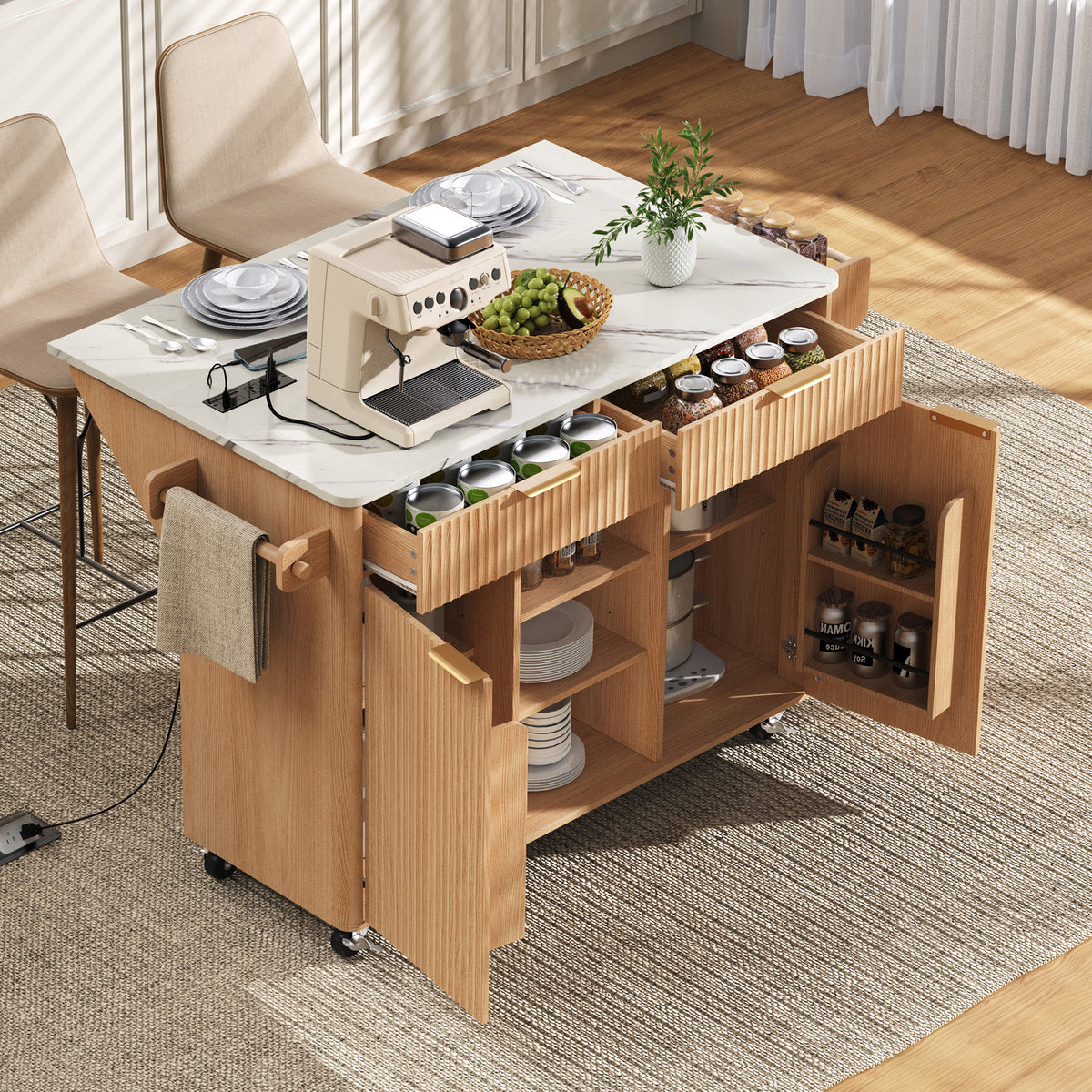 variant-group:rf-n707s000019y|Roomfitters 52" Fluted Kitchen Island with Drop Leaf, Power Outlet & Faux Marble Top, Natural