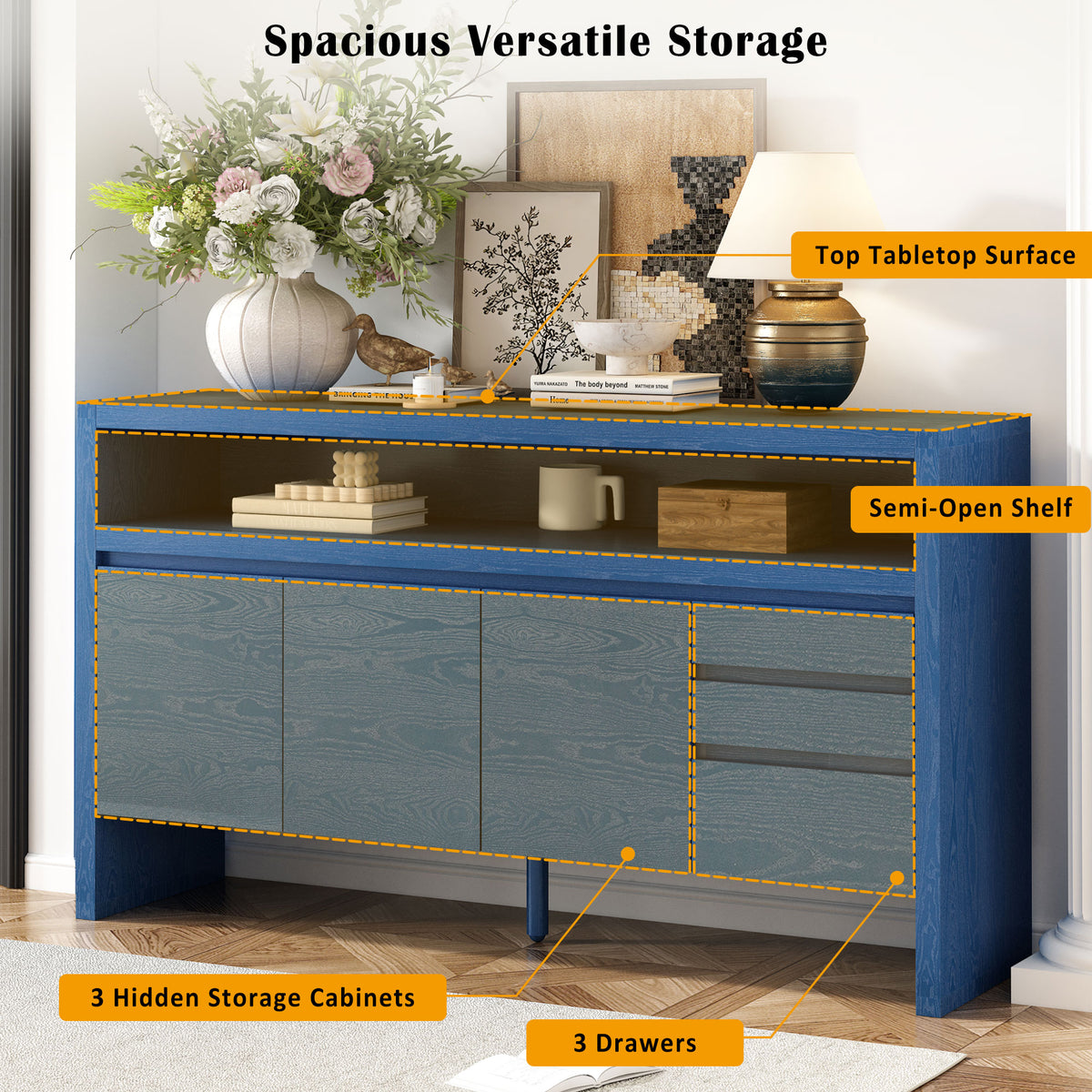 variant-group:rf-n711p289141v|Roomfitters 60" Modern Solid Wood Veneer Sideboard with 3 Doors & 3 Drawers, Open Shelf & Cable Cutout, Large Storage Cabinet for Dining, Hallway, Living Room, Navy Blue