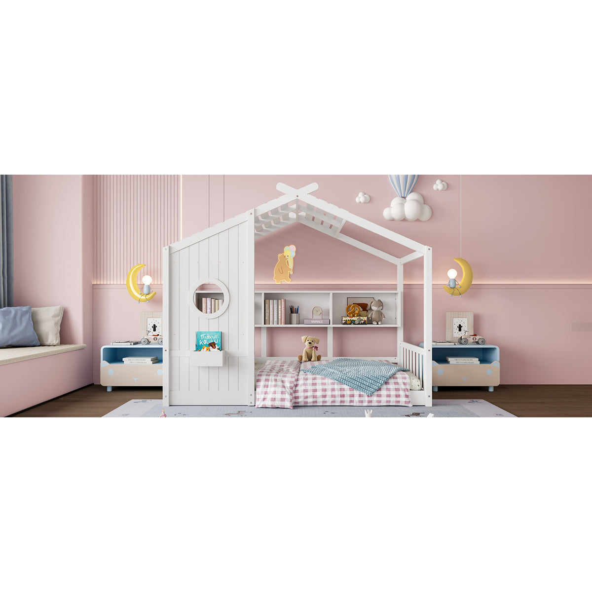 variant-group:rf-n733p335064k|Roomfitters Twin Size Floor House Bed with Storage Shelf and Roof Design, Montessori Playhouse Bed, White