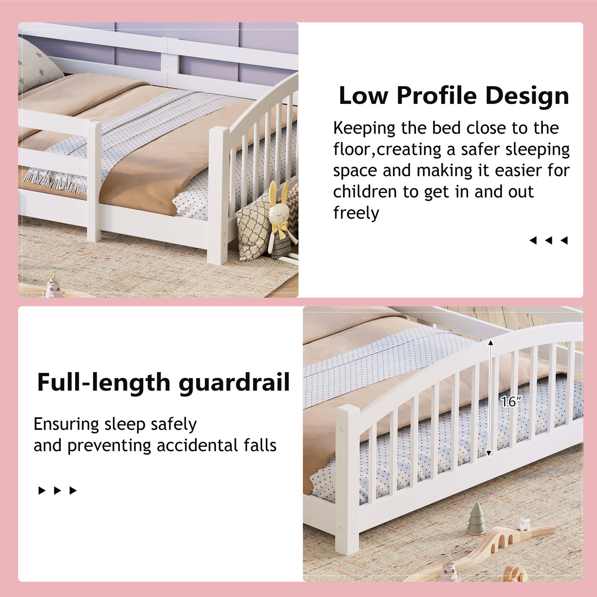 variant-group:rf-n733p400299k|Roomfitters Full Montessori Floor Bed with Guardrails, Solid Wood Low Platform Bed with Slats, Easy Assembly, White