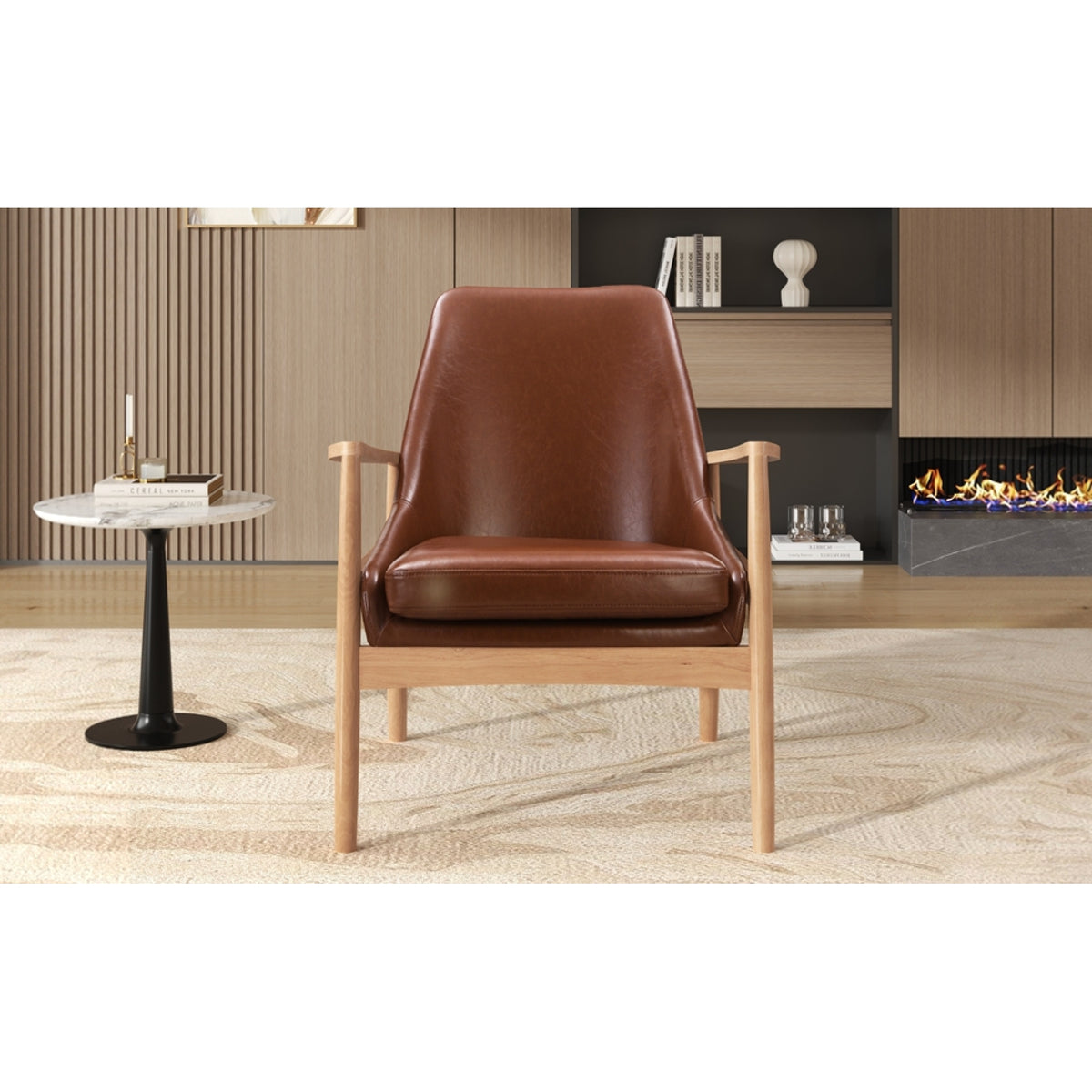variant-group:rf-n724p256555d|Roomfitters PU Leather Mid-Century Accent Chair with Solid Wood Frame and High Backrest, Reading Armchair, Brown