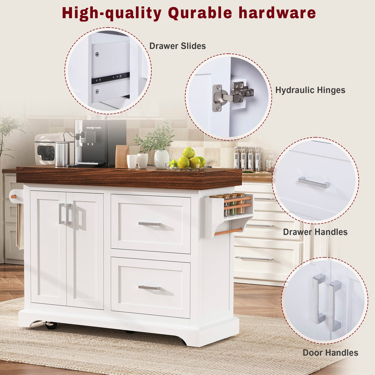 variant-group:rf-n707s000025w|Roomfitters 53" Kitchen Island with Butcher Block Top, Storage Cabinet with Drawers, Spice Rack and Towel Holder, White