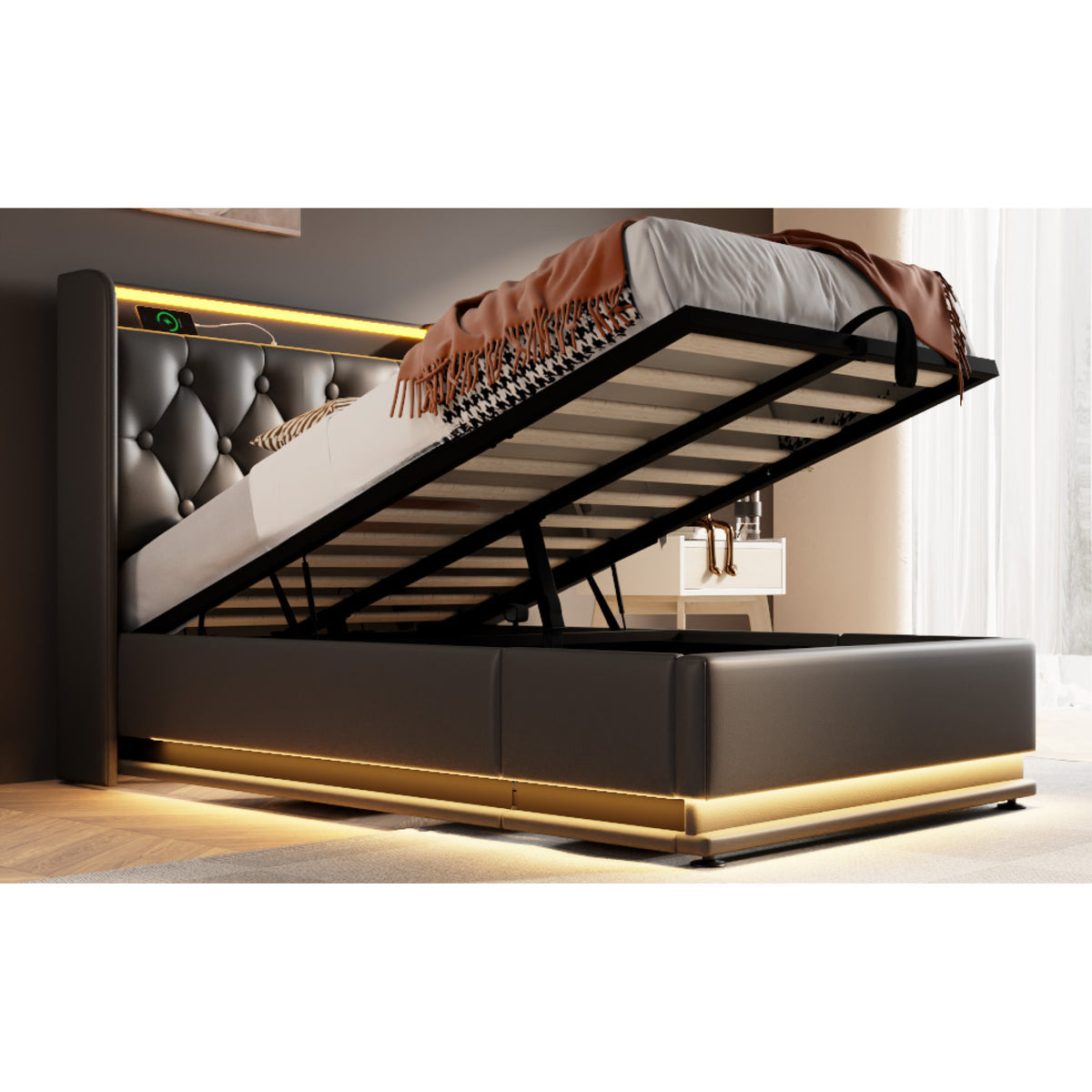 variant-group:rf-n736p188805b|Roomfitters Twin Size Upholstered Storage Bed with USB Type-C Charging and Remote Control, Faux Leather Black