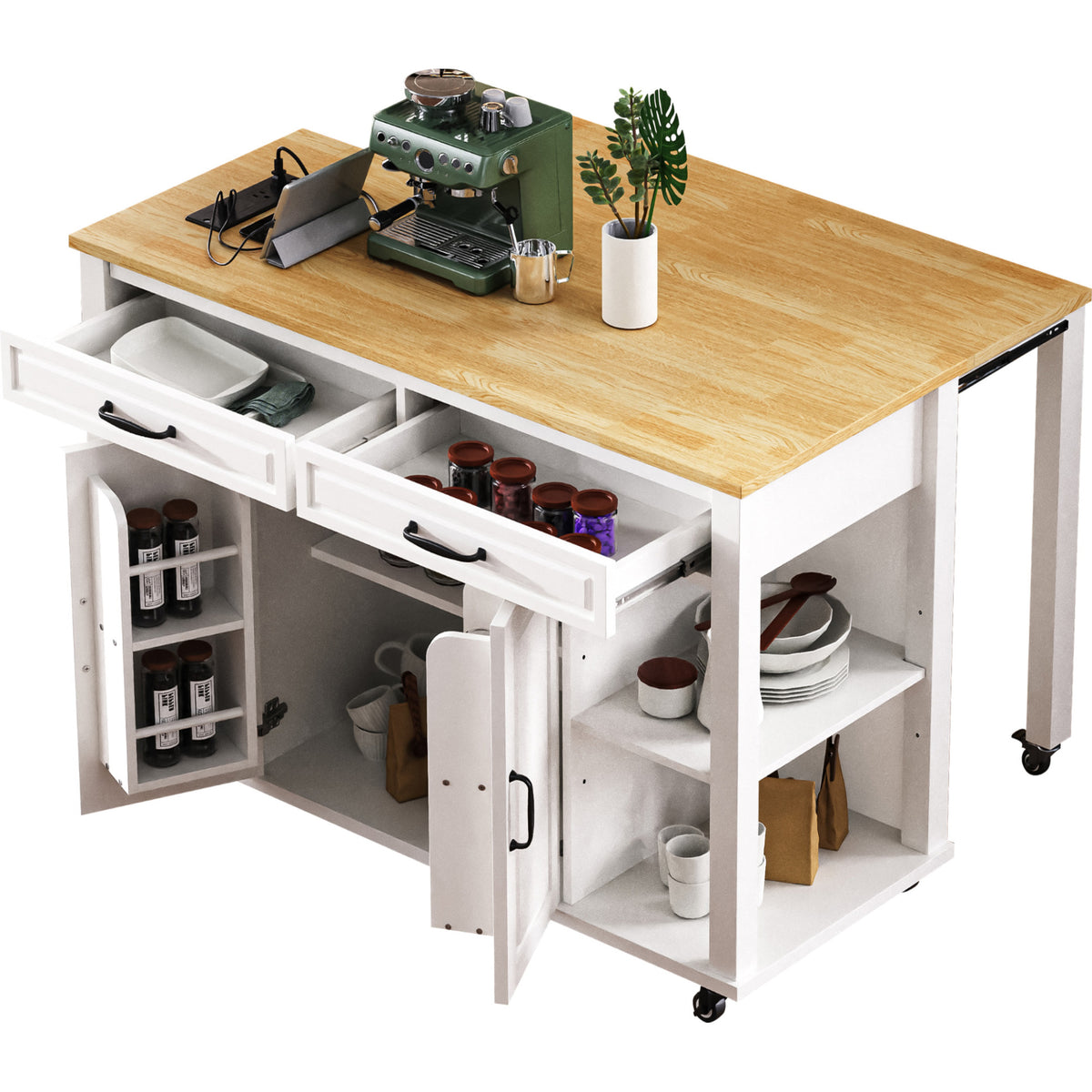 variant-group:rf-n707p215327w|Roomfitters 47" Kitchen Island with Extendable Dining Table, Storage Cabinet, Power Outlet, Rubber Wood Veneer, White