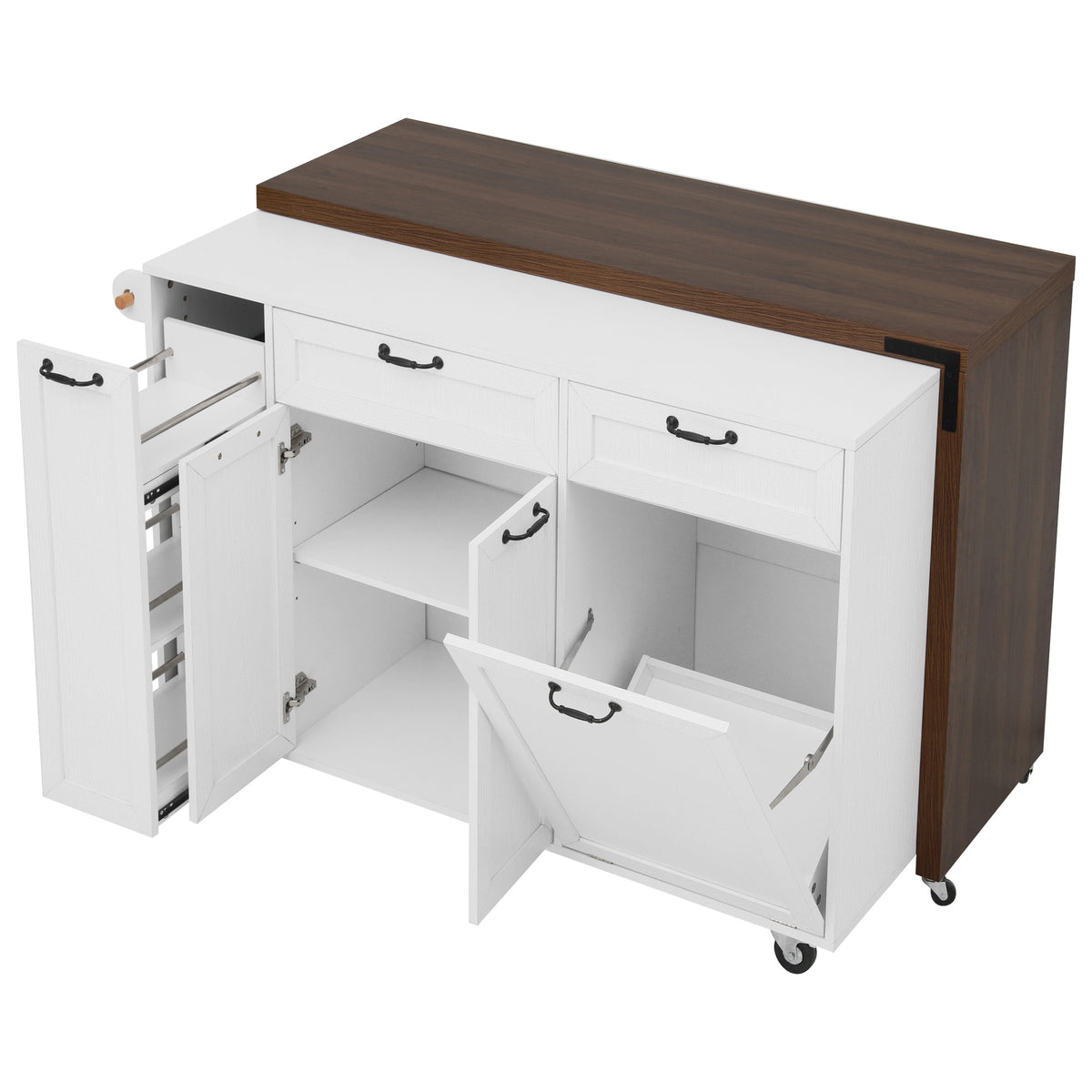 variant-group:rf-n707s000026w|Roomfitters 102.3" Kitchen Island with Tilt Out Trash Can Cabinet, Rolling Storage Cart, Slide-out Spice Rack, White