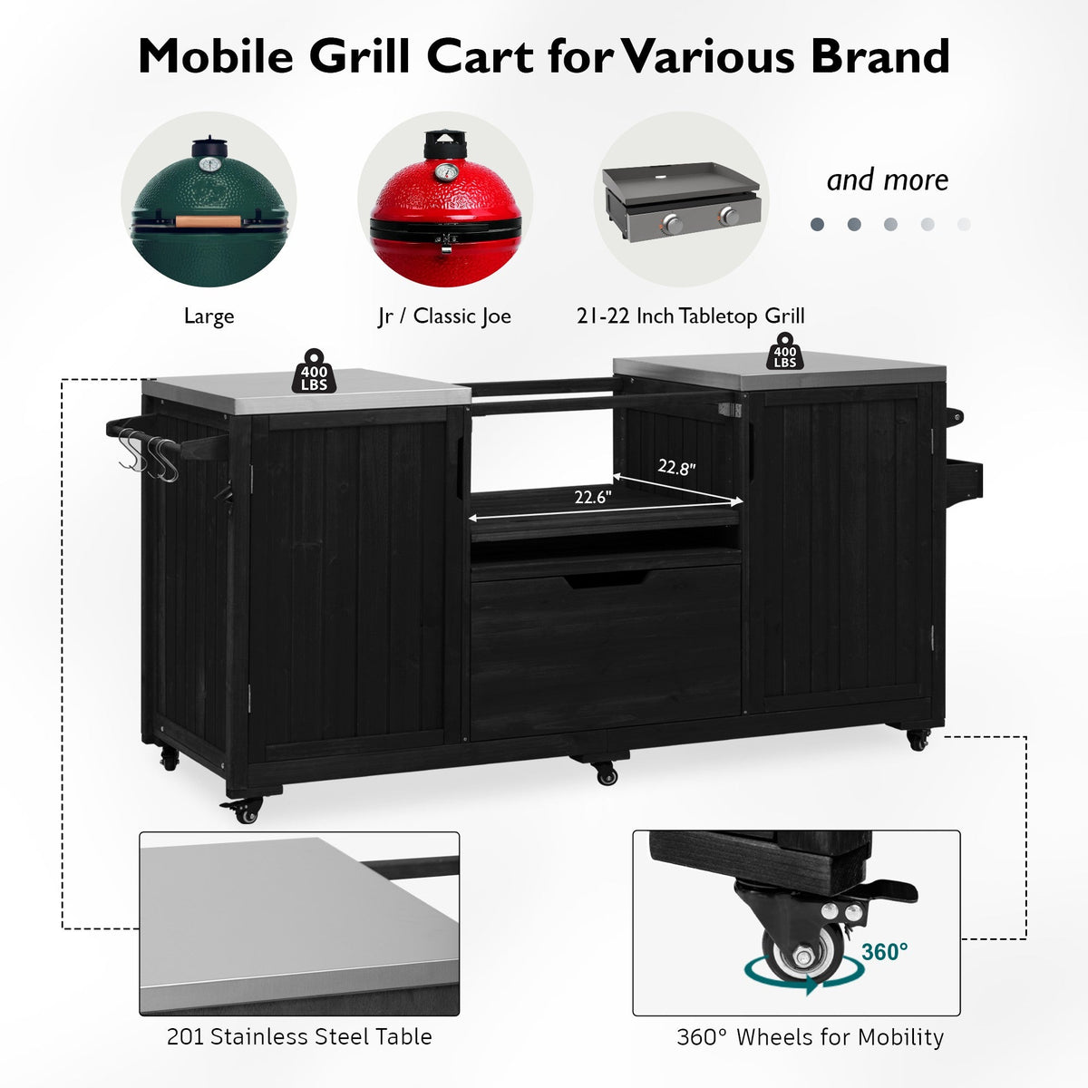 Roomfitters 66.5" Outdoor Grill Cart for Large Big Green Egg & Kamado Joe, Kitchen Island with Stainless Steel Top, Black