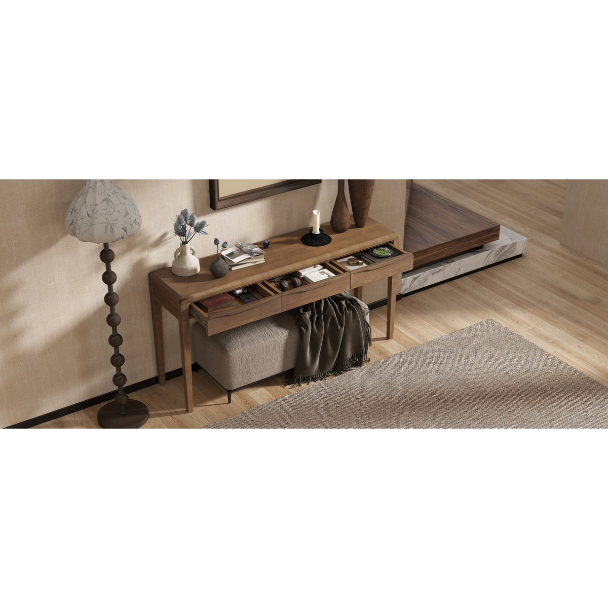 variant-group:rf-n711p401926d|Roomfitters Light Luxury Brown Oak Veneer Console Table with 3 Wavy Curved Drawers and Soft Rounded Corners
