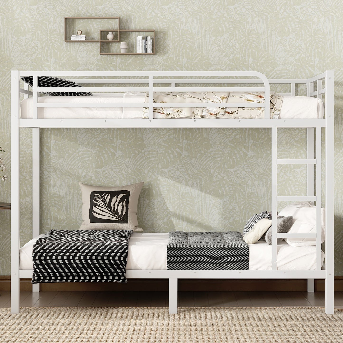 variant-group:rf-w1580p329009|Roomfitters Metal Twin XL Over Twin XL Bunk Bed Frame with Ladder & Safety Rail, Heavy-Duty Space-Saving Design, White