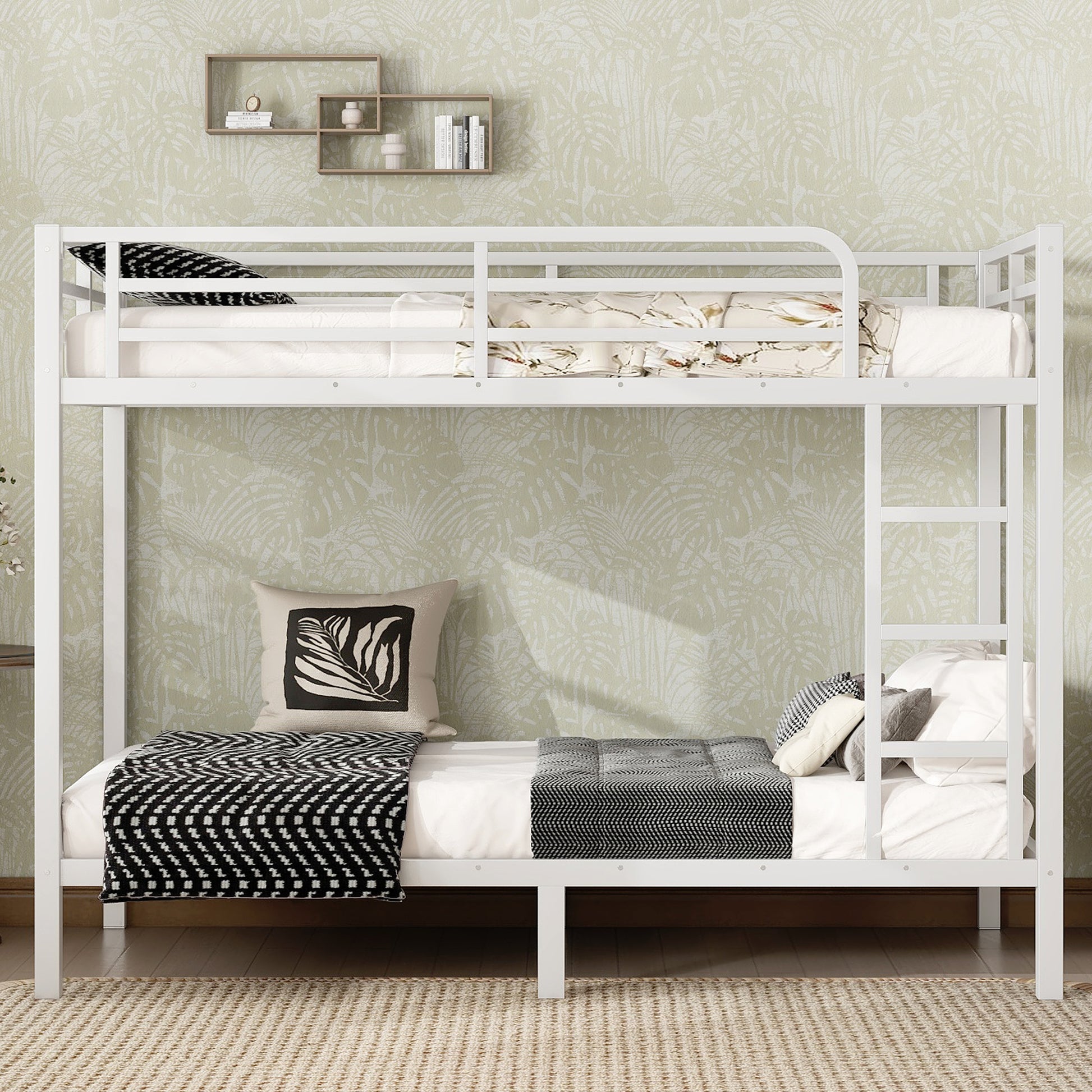 variant-group:rf-w1580p329009|Roomfitters Metal Twin XL Over Twin XL Bunk Bed Frame with Ladder & Safety Rail, Heavy-Duty Space-Saving Design, White