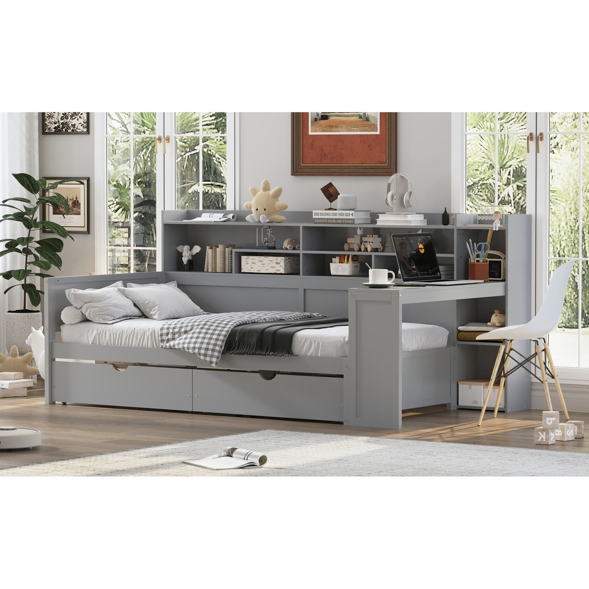 variant-group:rf-n733s241484e|Roomfitters Wooden Twin Size Daybed with Storage Shelves, Multi-functional Bed with Two Storage Compartments and Study Desk, Gray