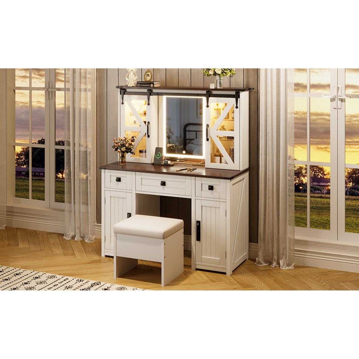 Roomfitters Farmhouse Makeup Vanity Desk with Lighted Mirror, Vanity Table Set with Storage Stool, Charging Station, Beige Roomfitters