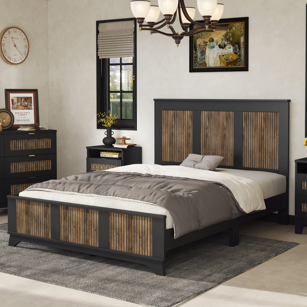 variant-group:rf-n733wf530906aab|Roomfitters Farmhouse Wooden Platform Queen Size Bed, Modern Platform Bed with Wooden Strip Stickers Decoration, Plywood Slats Support, Black