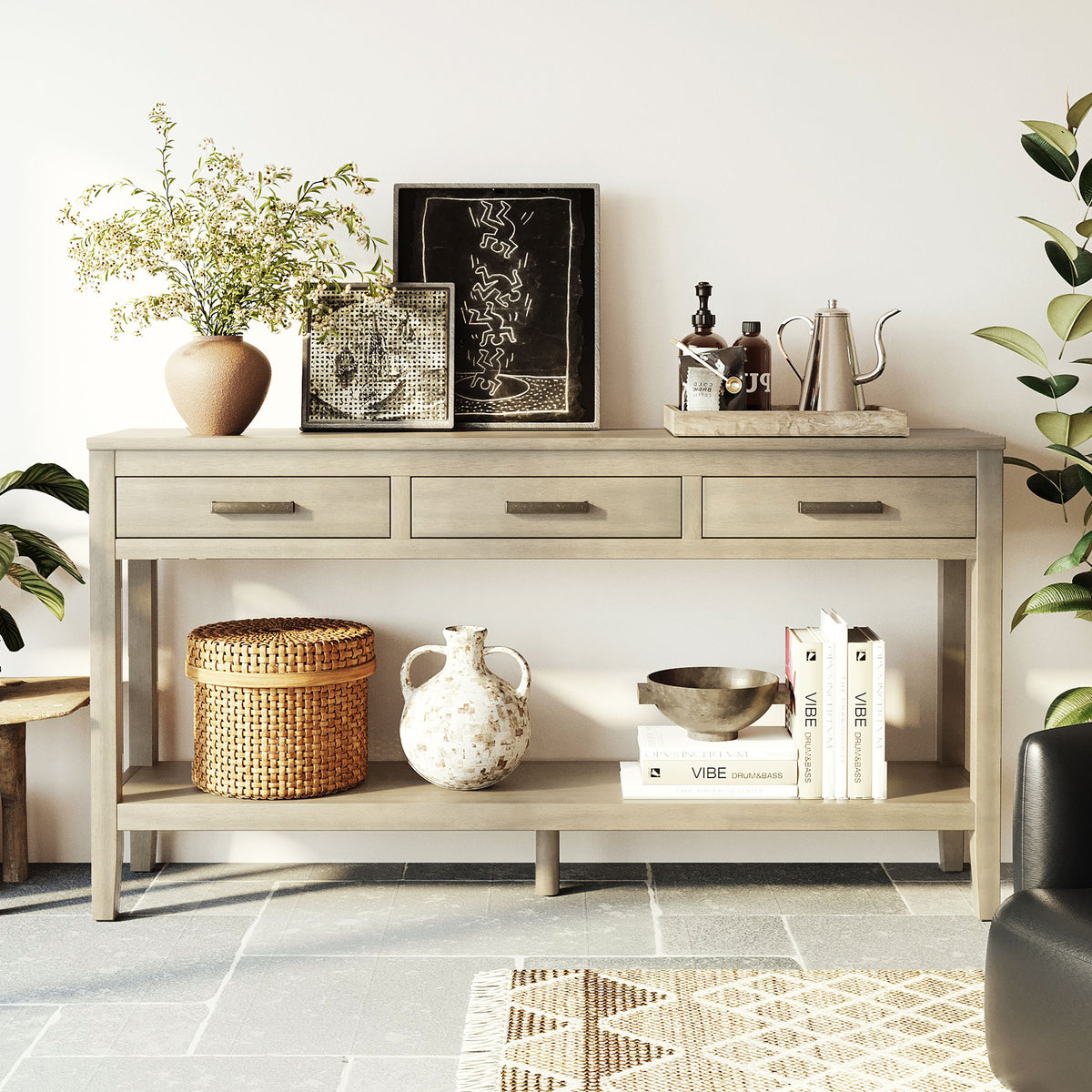 variant-group:rf-n711p410445e|Roomfitters 59.1" Farmhouse Entryway Table with 3 Drawers, Slim Console Sofa Table with Open Shelf for Hallway, Gray