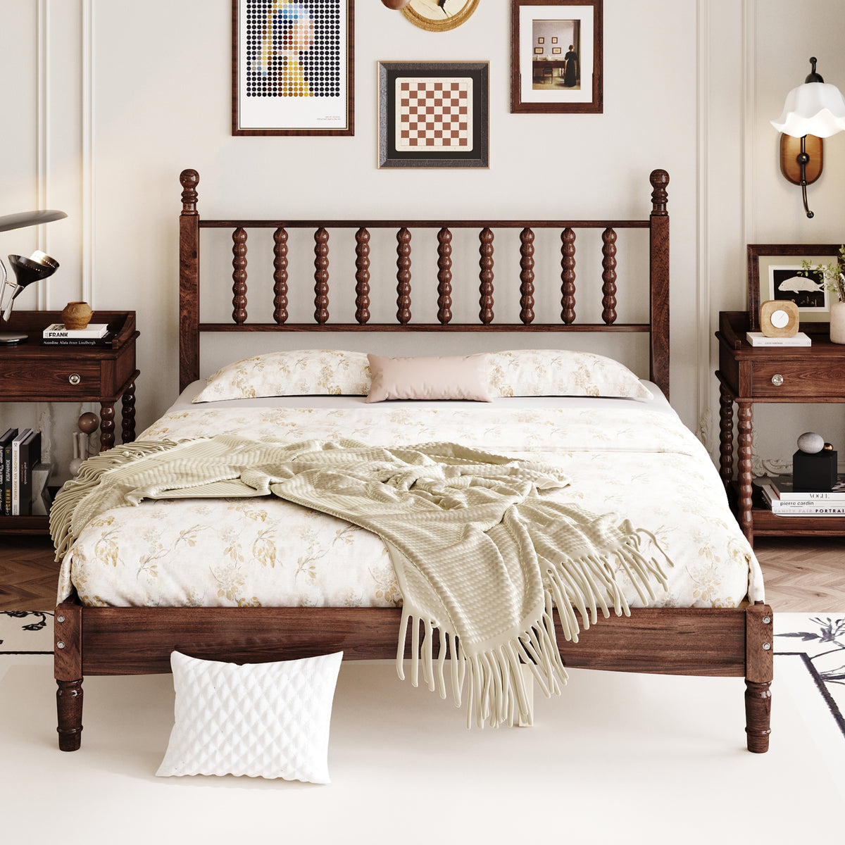 variant-group:rf-n733p206242d|Roomfitters Queen Size Wood Platform Bed with Gourd Shaped Headboard, Retro Style Platform Bed with Wooden Slat Support, Walnut