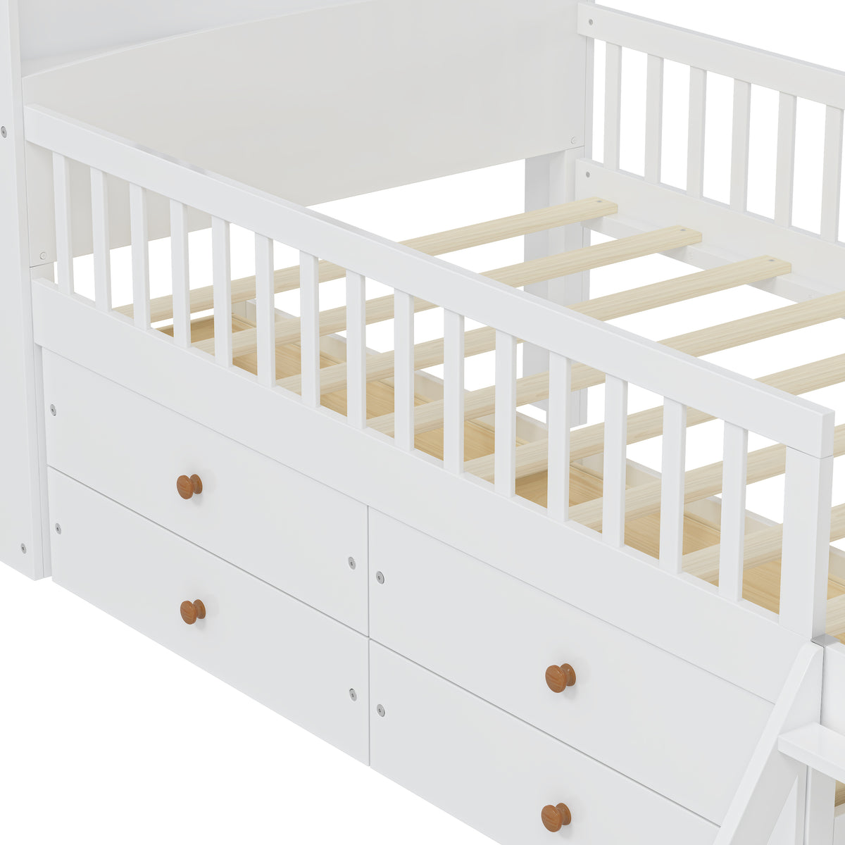 variant-group:rf-n733s278032k|Roomfitters Twin Platform Bed Frame with Four Drawers, Wooden Kids Bed with Guardrail Headboard and Ladder, White